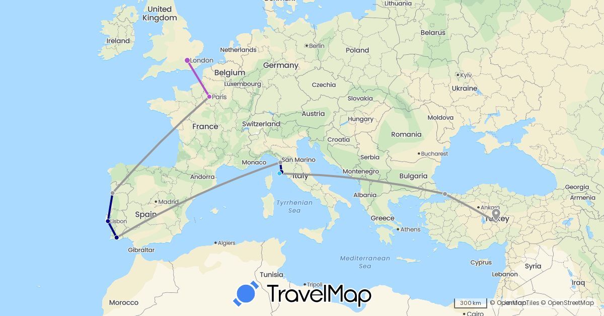 TravelMap itinerary: driving, plane, train, boat in France, United Kingdom, Italy, Portugal, Turkey (Asia, Europe)