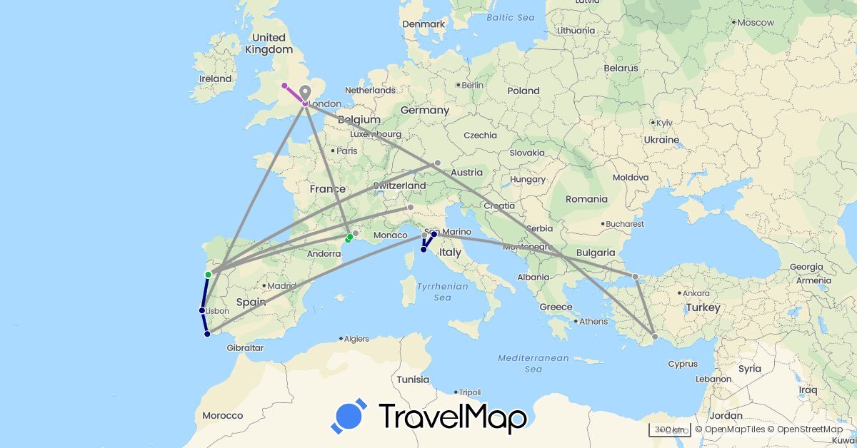 TravelMap itinerary: driving, bus, plane, train in Germany, France, United Kingdom, Italy, Portugal, Turkey (Asia, Europe)